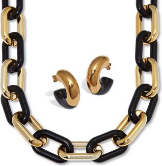 Palm Beach Jewelry Acrylic Link Necklace Black and Gold Ion-Plated Stainless Steel Earrings Set