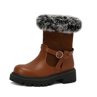 Generic Womens Faux Fur Decor Ankle Snow Boots Round Toe Chunky Heels Platform Winter Thermal Hiking Shoes (5.5,Brown)