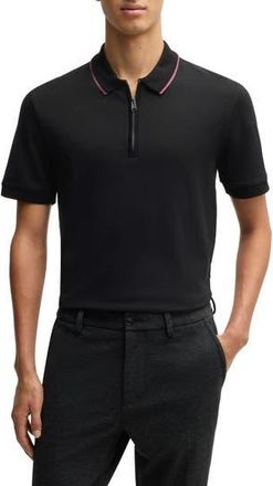 BOSS Paras Quarter Zip Cotton Polo in Black at Nordstrom Rack, Size Xx-Large