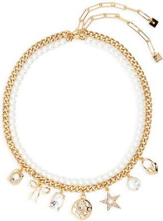 Open Edit Set of 2 Cultured Pearl & Crystal Charm Necklaces in Clear- White- Gold at Nordstrom Rack