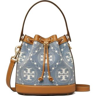 Tory Burch T Monogram Denim Bucket Bag in Blue Multi at Nordstrom