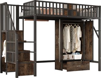 STILVORA Cama Alta Cama Individual Con Armario, Caj&oacute;n Y Escalera Con Almacenaje 90 X 200 Cm, Sin Colch&oacute;n, Negra