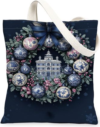 Generic Christmas Wreath Canvas Tote Bags, Floral Pattern Reusable Grocery Bags, Winter Vintage Lightweight Washable Shoulder Strap, Navy, 13x15 Inch