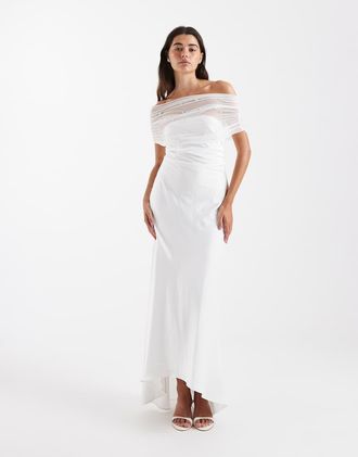 Six Stories Vestito midi da sposa bianco con spalle scoperte e fondo asimmetrico decorato