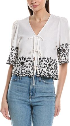 Ellen Tracy Embroidered Tie Front Linen-Blend Top