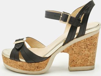 Jimmy Choo London Black Leather Cork Ankle Strap Sandals