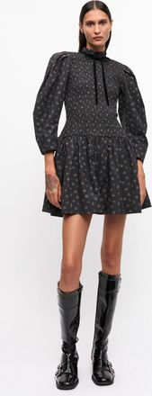 Ganni Black Printed Mini Smock Dress Size 10 Organic Cotton Womens