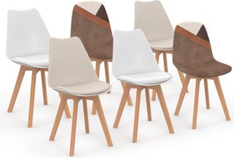 IDMarket Set Di 6 Sedie Scandinave Sara Beige E Bianche Con Velluto Patchwork Marrone E Beige