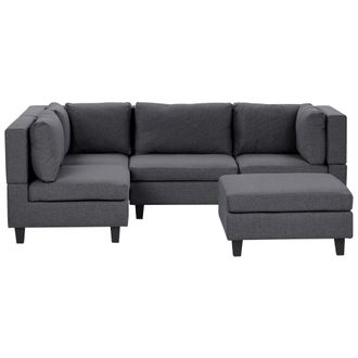 Beliani Sof&aacute; Modular Esquinero Moderno 4 Plazas Tapizado Tela Patas Negras Respaldo Acolchado Derecho Con Otomana Gris Oscuro Unstad
