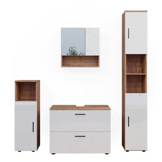 Vicco Conjunto De Muebles De Ba&ntilde;o Irma, Blanco Brillo Intenso/roble Dorado, 4 Piezas, Con Cajonera Y Armario Alto