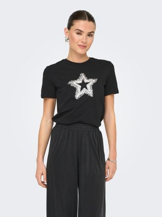 Only T-Shirt ONLY ONLMARCY S/S BOX TOP CC JRS, Damen, Gr. XS, schwarz (schwarz detail:with sequins star), Jersey, Obermaterial: 100% Baumwolle, bedruckt, r