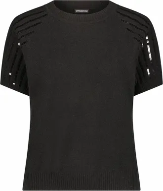 Minnie Rose Womens Cashmere Raglan Crew Tee With Sequined Sleeves In Black