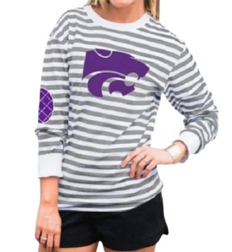 Gameday Couture Kansas State University Striped Elbow Patch Tee In White/grey