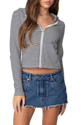 Edikted Madison Stripe Zip Hoodie in Navy-And-White at Nordstrom, Size X-Large
