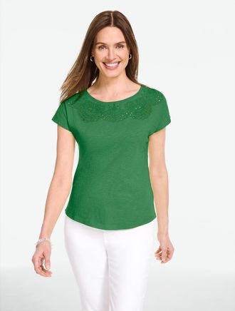 Talbots Plus Petite - Eyelet Seashell T-Shirt - Grove Green - 1X - 100% Cotton Talbots