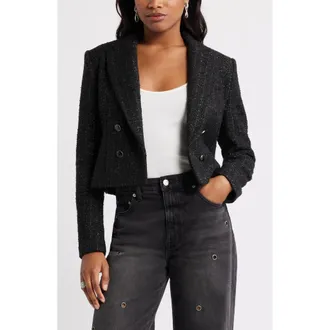 Open Edit Crop Double Breasted Tweed Blazer in Black at Nordstrom Rack, Size Xx-Small