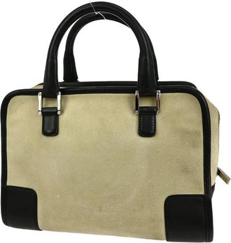 Loewe Pre-owned Handbags, female, Beige, Size: ONE SIZE Pre-owned Vintage Anagram Suede Leather Trim Handbag