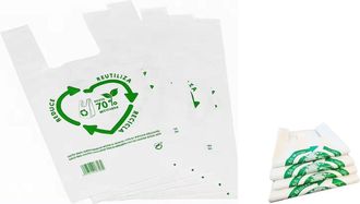 Arbutus Reusable Plastic Bags, Plastic Handle Bags, T-Shirt Bag 50 Micron 70% Recycled White. Pack of 50/100 units. High resistance., white, 40x50cm