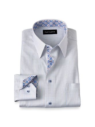 Paul Fredrick Tailored Fit Comfort Stretch Non-iron Windowpane Dress Shirt With Contrast Trim
