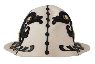 Dolce & Gabbana Womens White Black Wool Embroidered Cameo Brooch Hat - One Size