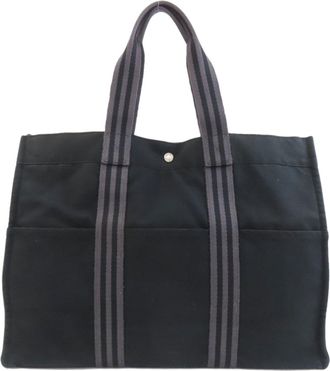 Herm&egrave;s Black Gray Canvas Tote Bag (Pre-Owned)