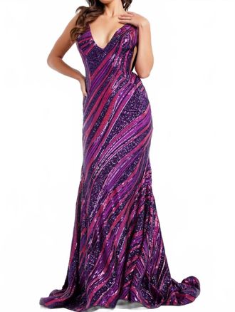 Jovani Midnight Sequin Wave Dress In Purple/fuchsia