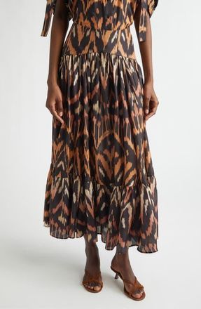 Zimmermann Aster Ikat Print Tiered Silk Skirt in Charcoal Ikat at Nordstrom, Size 0