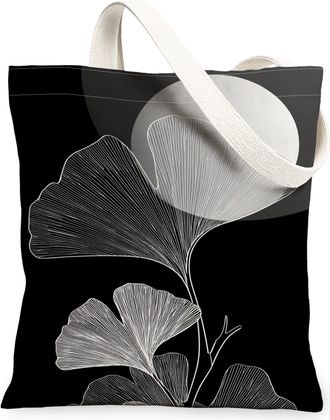 Generic Ginkgo Leaf Canvas Tote Bags, Stylish Botanical Print Reusable Grocery Bags, Lightweight Washable Shoulder Strap Canvas for, Black, 13x15 Inch
