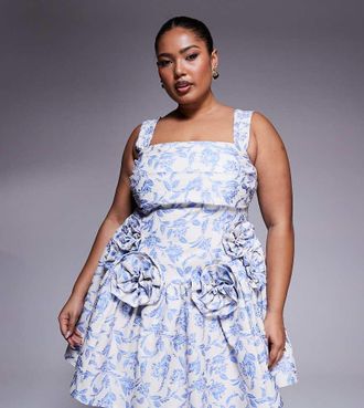 Asos Curve - Vestito skater corto con pieghe sul busto a fiori jacquard stile tappezzeria con fiori applicati-Blu