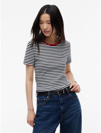 Tommy Hilfiger Womens Slim Fit Striped Favorite T-Shirt - Navy Blue - XL