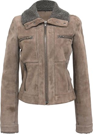 Theory Zipped Shear-Lined Jacket with Pockets in Brown Suede