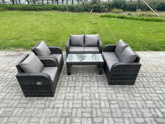 Fimous Patio Garden Furniture Sets Wicker 6 Seater Outdoor Rattan Furniture Sofa Sets with Rectangular Coffee Table Reclining Chair in Dark Grey