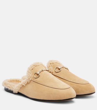 Gucci Shearling-trimmed suede mules