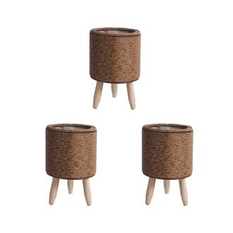 OEM 3 Macetas De Imitaci&oacute;n De Rat&aacute;n Vintage Tejidas, Cesta De Almacenamiento Hecha A Mano Con Patas De Madera, Soporte Para Macetas, F