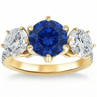 Pompeii3 Certified 6 3/4Ct Blue Sapphire Diamond Ring Three Stone Gold Lab Grown