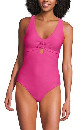 Lands End Ribbed Knot Front One Piece Swimsuit in Pink Ottoman at Nordstrom, Size 18