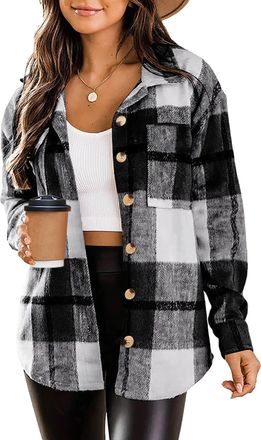 Zeagoo Ladies Oversized Shirts Checked Shirt Casual Flannel Long Sleeve Shirt with Chest Pocket Cowgirl Outfit Loose Collar Button-Down Top Shacket Grey Blac