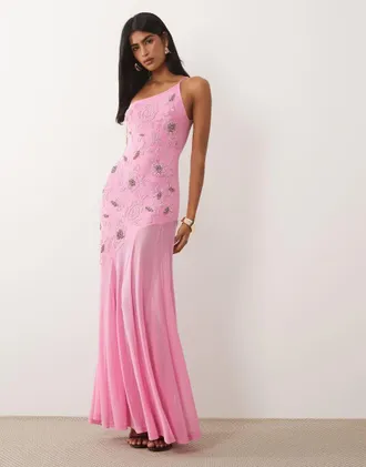 Asos Vestito lungo monospalla decorato rosa
