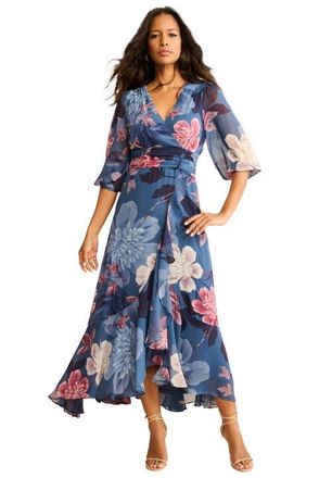 Roaman's Overlay Ruffle Maxi Dress in Slate Multi at Nordstrom, Size 16