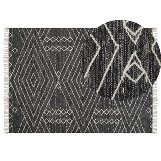 Beliani Alfombra De Algod&oacute;n Negro Blanco Crema 140 X 200 Cm Geom&eacute;trico Borlas Khenifra