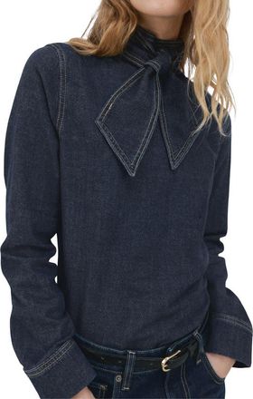 Mango Tie Neck Denim Button-Up Shirt in Dark Blue at Nordstrom, Size 12