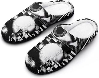 Generic Black White Mosaic Psychedelic Slippers Men Winter Warm Cotton Anti-Slip Indoor Slip-Ons House Shoes