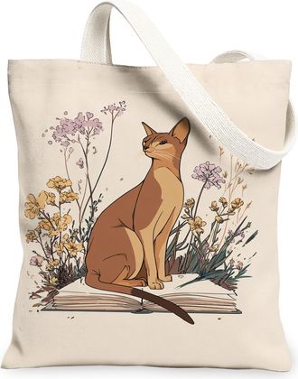 Generic Floral Cat Canvas Tote Bag, Vintage Flower Pattern Reusable Grocery Bag, Lightweight Washable Shoulder Strap for Travel Out, Beige, 13x15 Inch