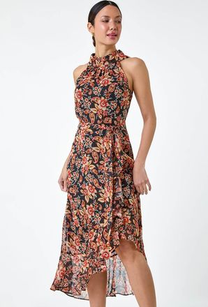 Roman Metallic Foil Floral Halter Neck Midi Dress