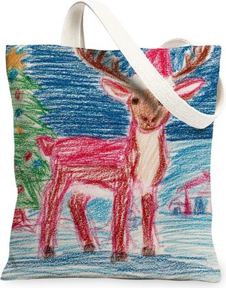 Generic Christmas Reindeer Canvas Tote Bags, Hand-Drawn Animal Design, Lightweight Washable Shoulder Strap Bags for Travel, Beach, Red, 13x15 Inch