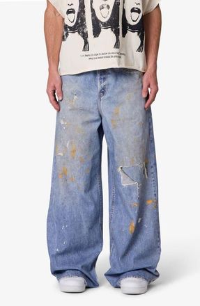 mnml Rave Distressed Wide Leg Relaxed Jeans in Blue at Nordstrom, Size 32
