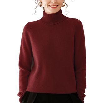 Dissa Women Cashmere Jumper Burgundy Roll Neck Knitted Jumper Long Sleeve Relaxed Cashmere&Wool Thick Plain Ladies Sweater,UK 8,MH560