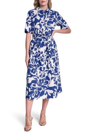 DKNY Floral Elbow Sleeve Cotton Midi Shirtdress in Atlantic Blue at Nordstrom Rack, Size 14