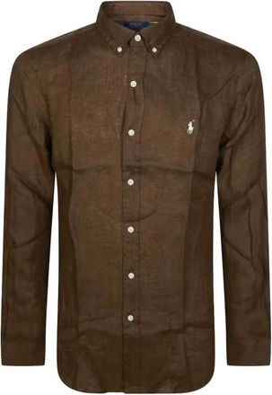 Polo Ralph Lauren Overhemden, Heren, Bruin, M, Linnen, Linnen overhemd met knoopsluiting