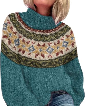 Generic Fairisle Jumpers For Women - Turtleneck Sweater For Women Fashion Elegant WomenS Pullover Sweaters Soft Comfortable Icelandic Jumpers For Women Loose 